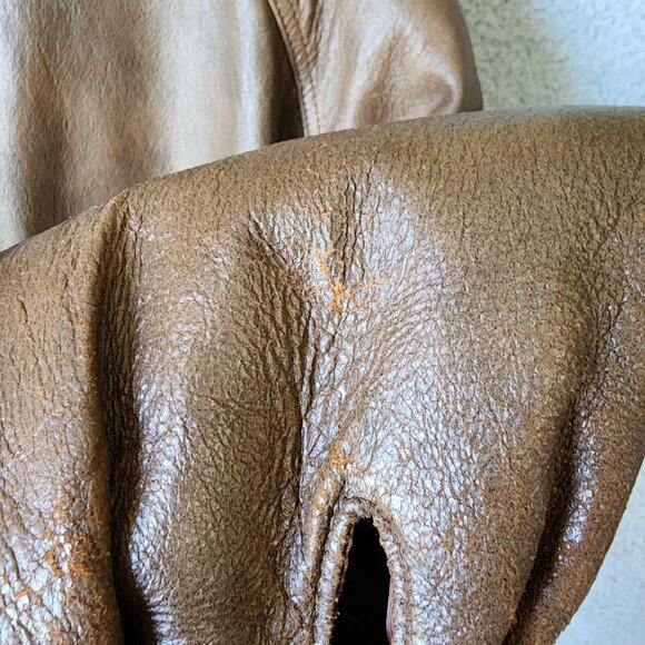 Vtg 100% Leather Aviator Bomber Jacket Faux Fur Double Collar Made in Korea PM - Picture 14 of 16